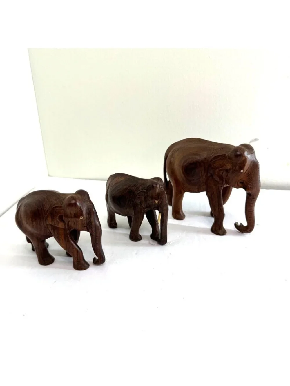 Hand Carved Wooden Elephant Figurines Lot Vtg Carved Wood Animal Decor Set of 3